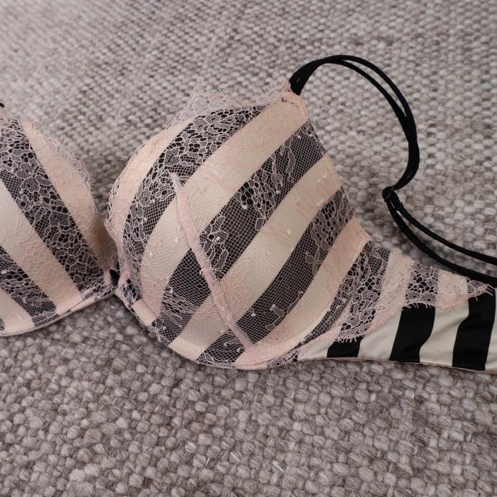 Victoria's Secret Push Up Bra Womens 34C Pink Black Good Striped Lace Plunge